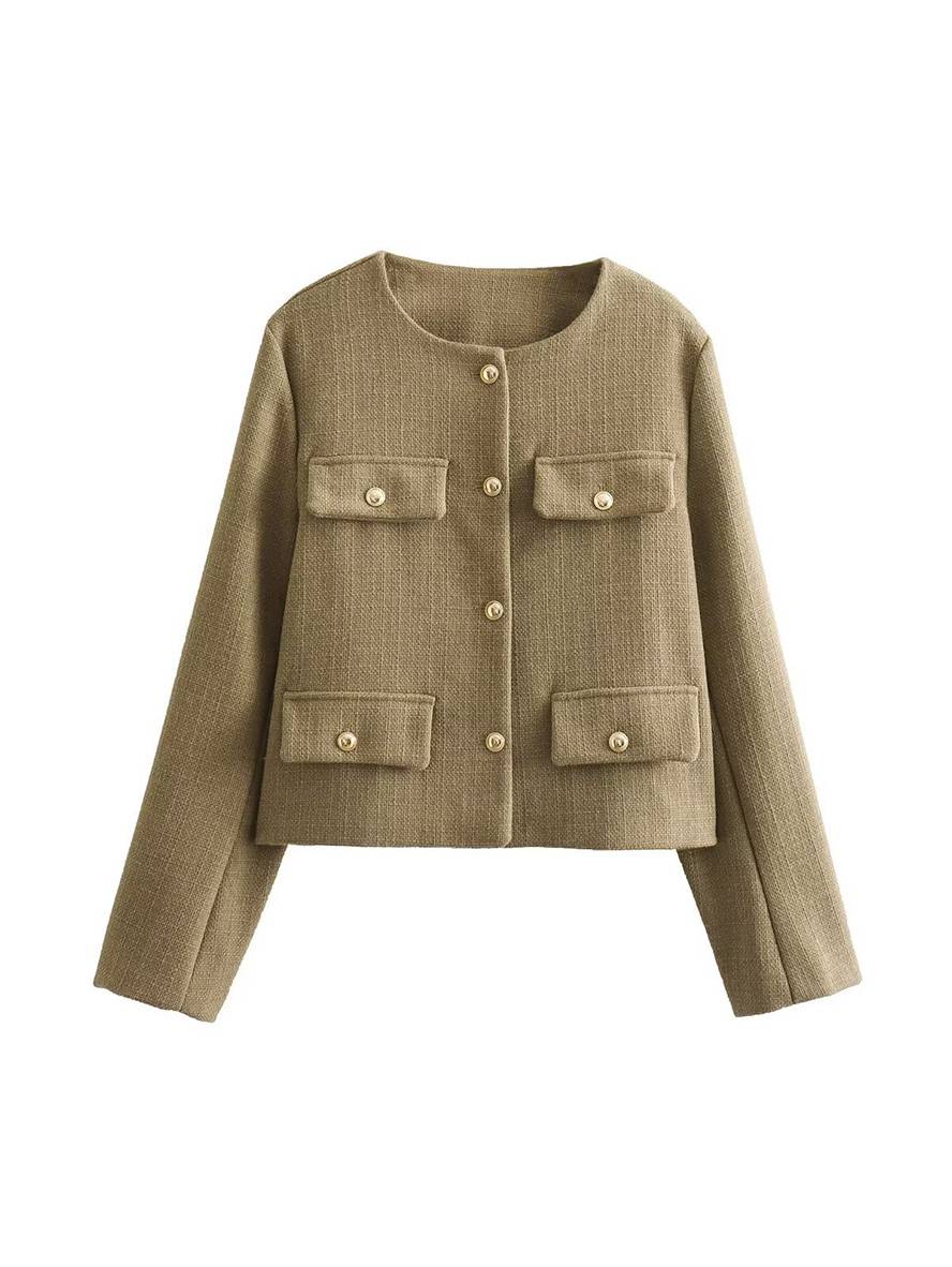 Aurohaya Tweed Court Blazer for Women Round Collar Short Jacket with Buttons & Pockets