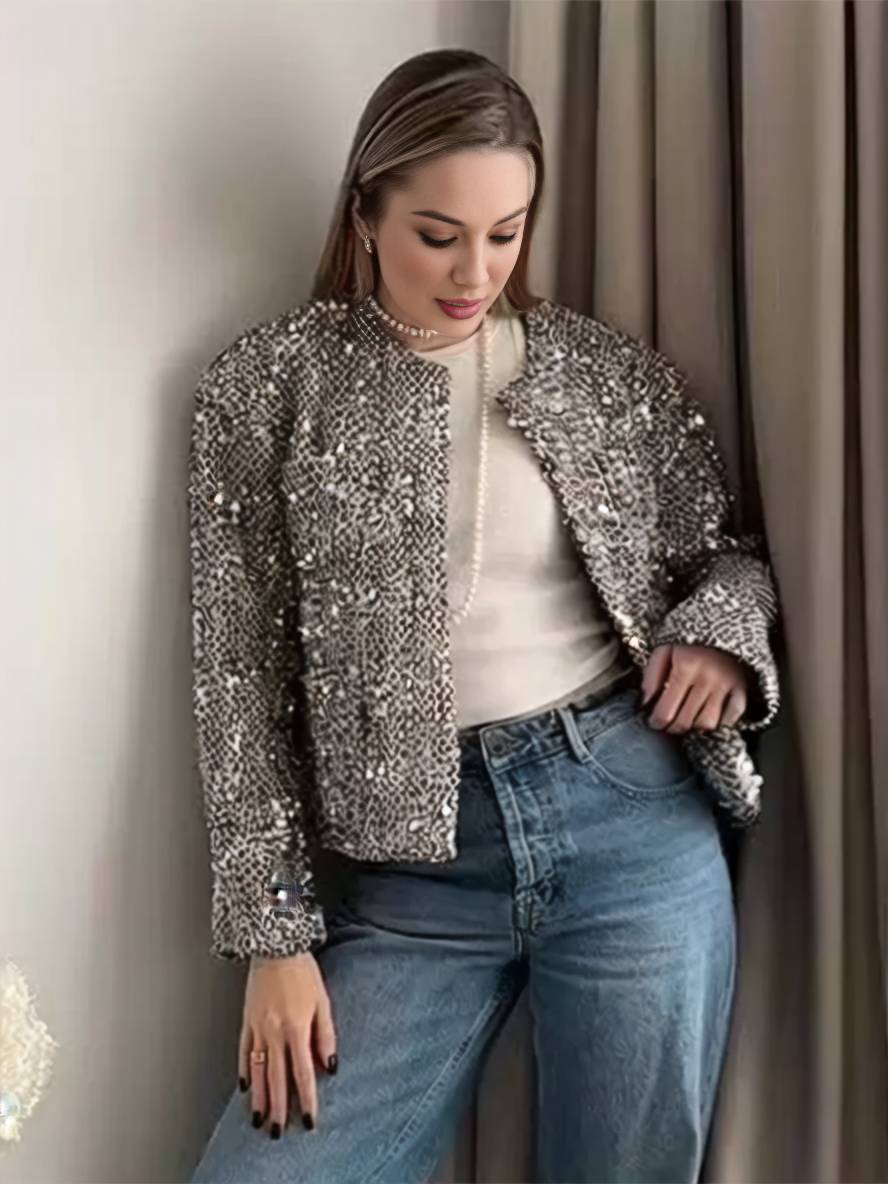 Aurohaya Shiny Tweed Blazer with Sequins Women's Round-Collar Short Jacket with Pockets