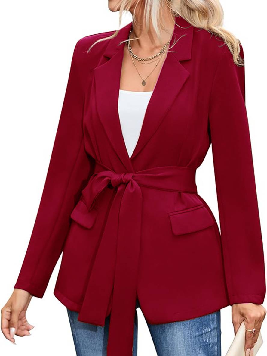 Aurohaya Belted Blazer with Pockets Women’s Mid-Length Elegant Casual Fashion Jacket