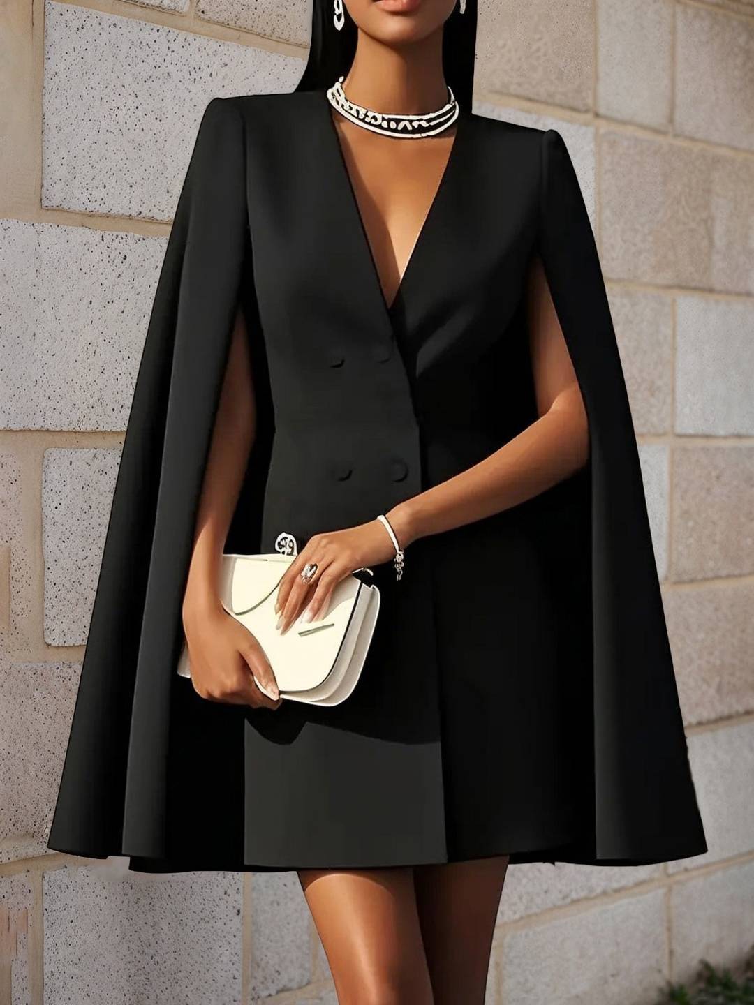 Aurohaya Short Cape Jacket for Women Double-Breasted V-Neck Blazer