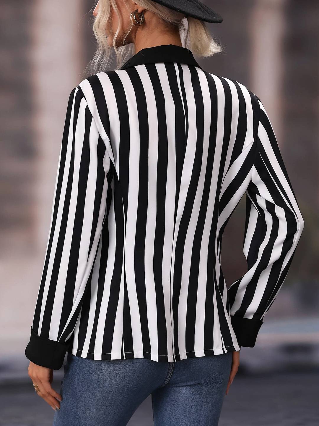 Aurohaya Women’s Striped Blazer Long Sleeve Boyfriend Style Casual Fashion Jacket