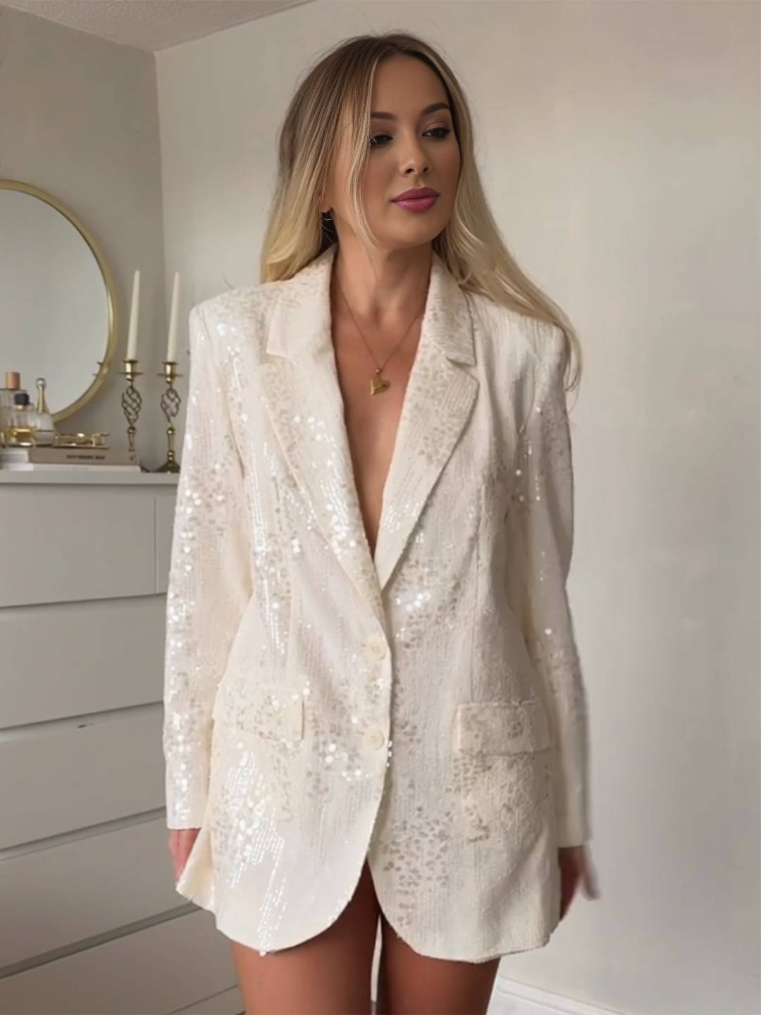 Aurohaya Women's Sequin V-Neck Blazer Jacket