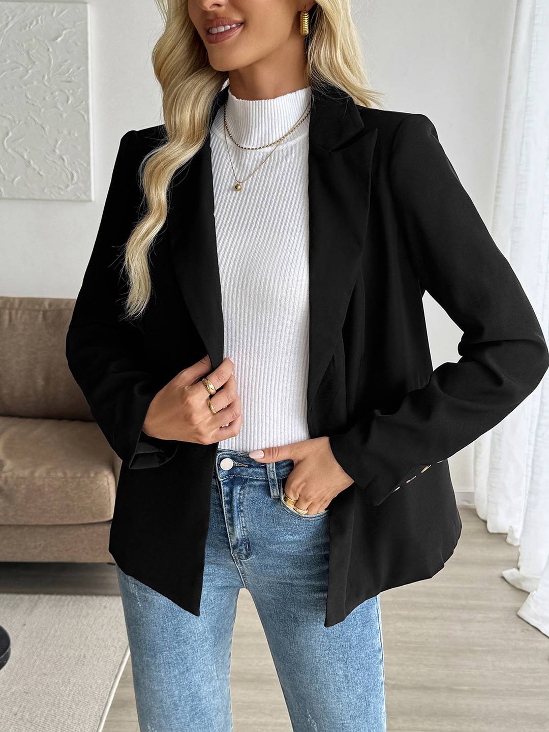 Aurohaya Women’s Blazer with Buttons and Pockets ong Sleeve Single-Breasted Lapel Casual Work Jacket
