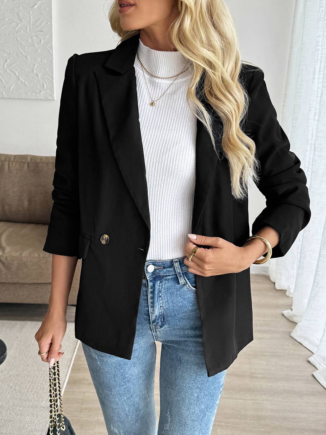 Aurohaya Women’s Blazer with Buttons and Pockets ong Sleeve Single-Breasted Lapel Casual Work Jacket