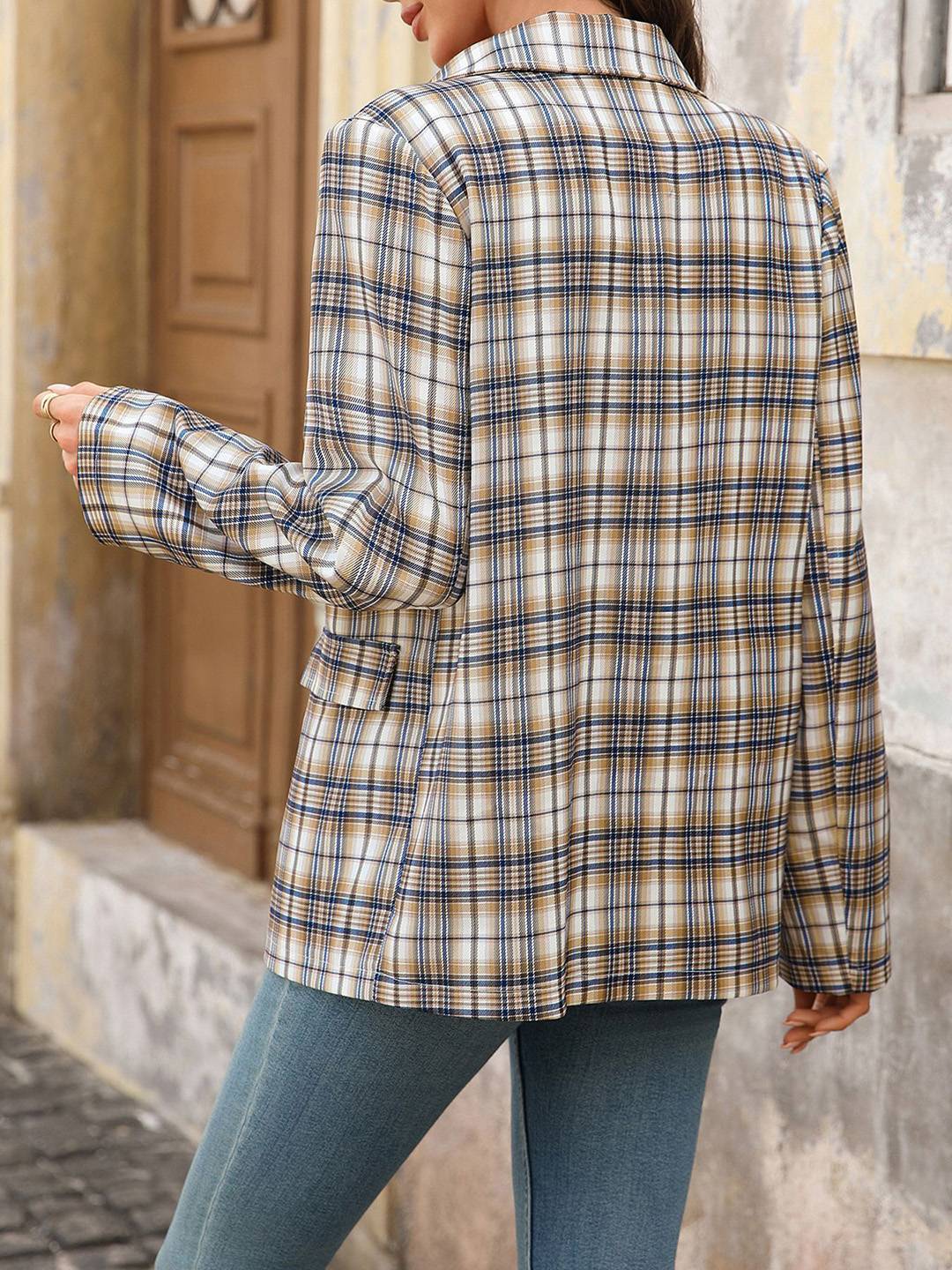Aurohaya Women’s Plaid Blazer Button Closure Pockets Long Sleeve Cute Open Front Jacket