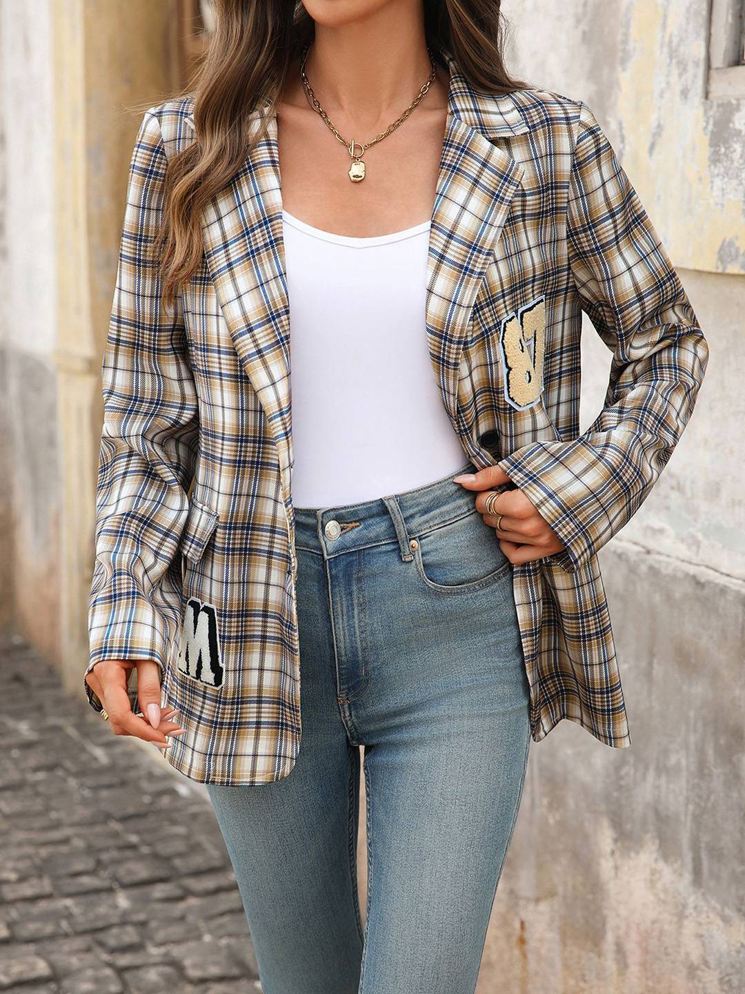 Aurohaya Women’s Plaid Blazer Button Closure Pockets Long Sleeve Cute Open Front Jacket