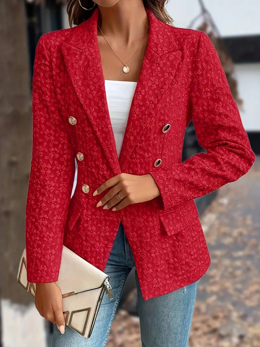 Aurohaya Women’s Double Breasted Jacquard Blazer Long Sleeve Casual Office Jacket