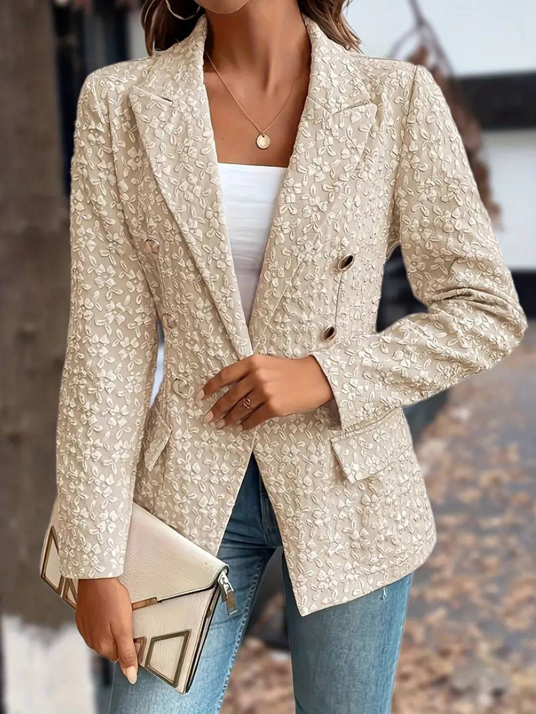 Aurohaya Women’s Double Breasted Jacquard Blazer Long Sleeve Casual Office Jacket