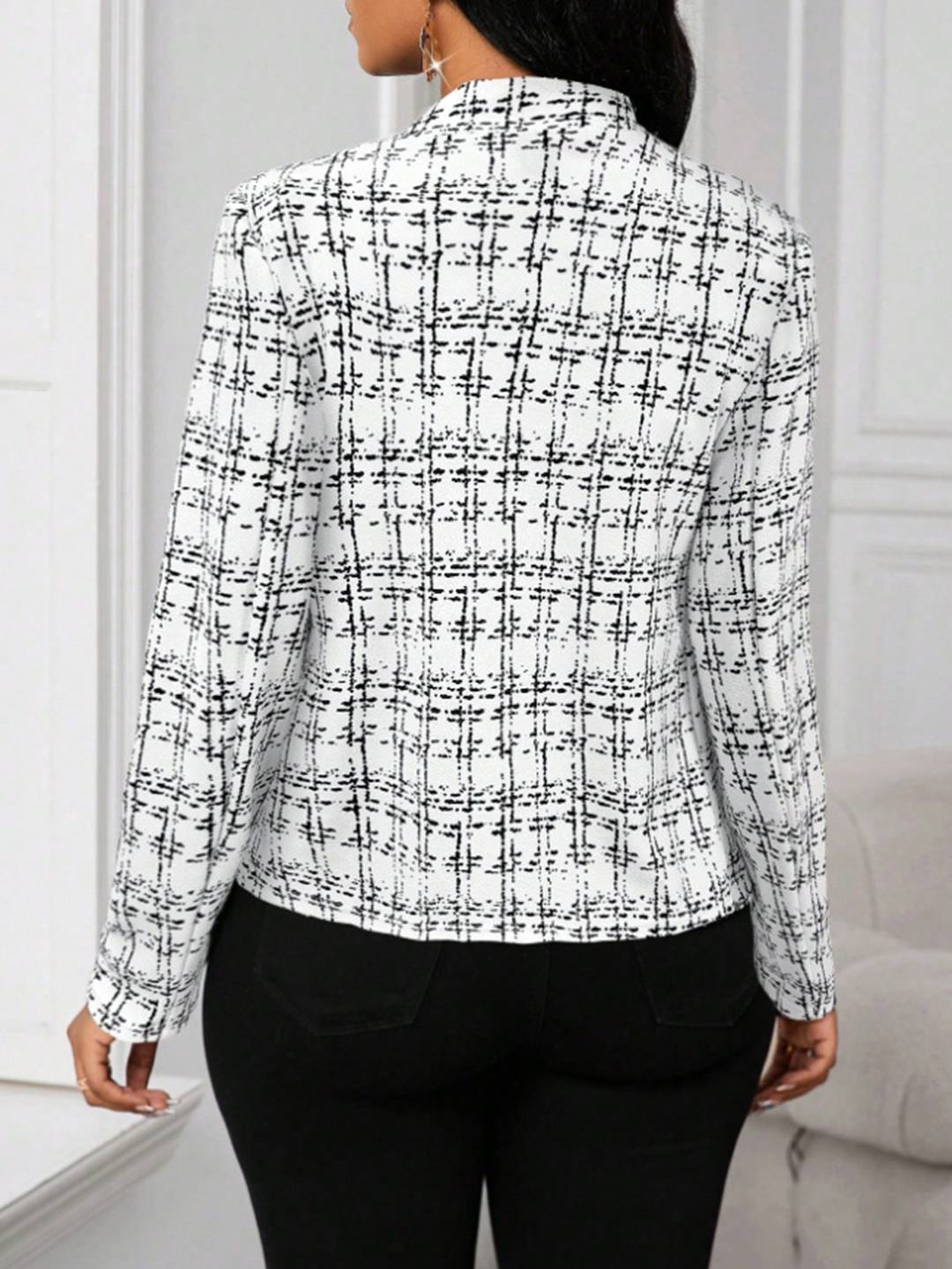 Aurohaya Women’s Fitted Tweed Plaid Jacket Open Office Blazer Long Sleeve Chic Autumn Winter Coat