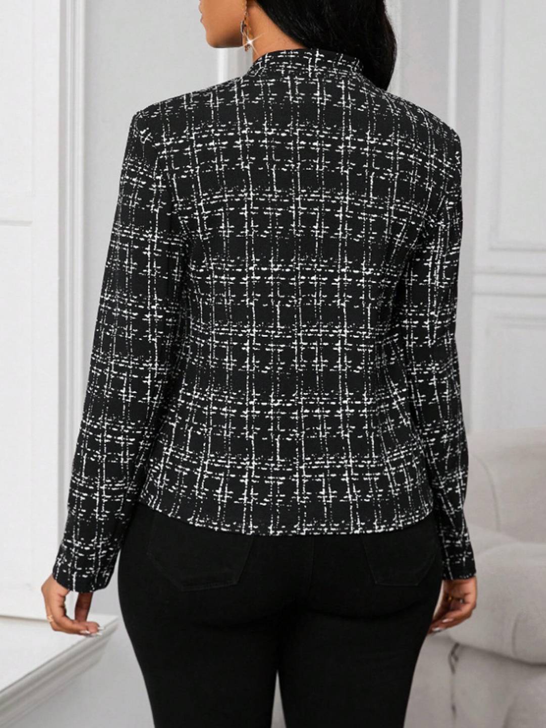Aurohaya Women’s Fitted Tweed Plaid Jacket Open Office Blazer Long Sleeve Chic Autumn Winter Coat