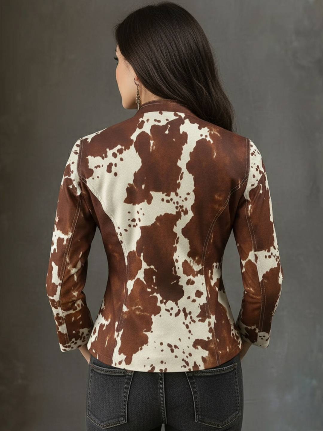 Aurohaya Women’s Short Cow Print Blazer Buttoned Stand Collar Vintage Jacket