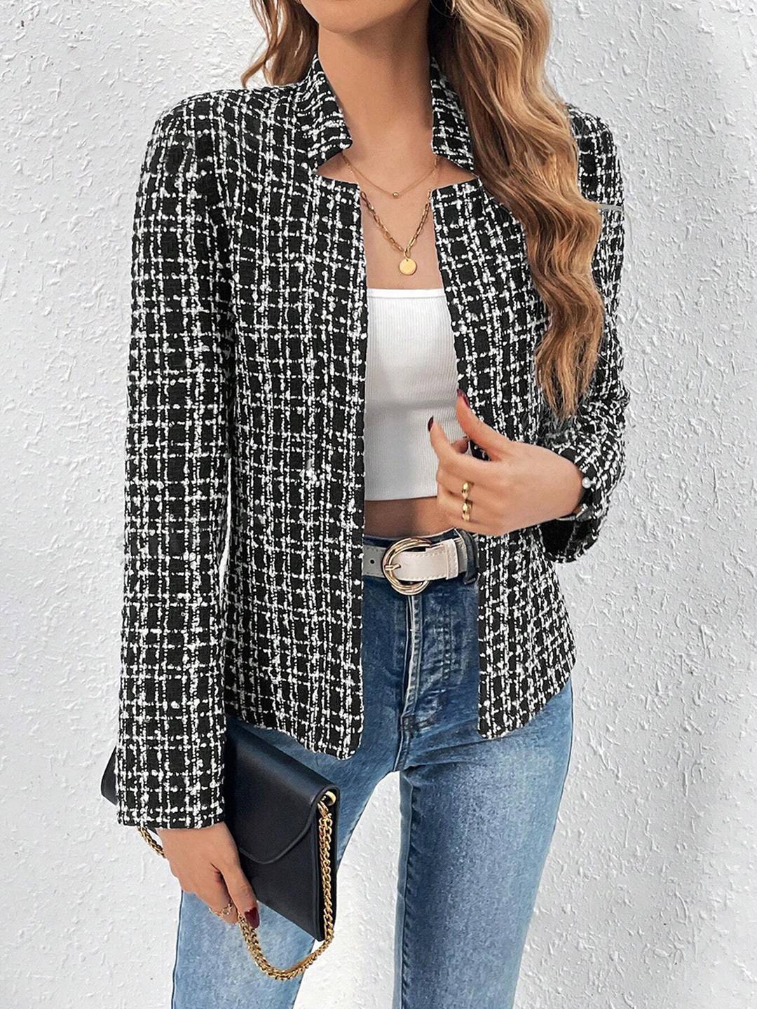 Aurohaya Women’s Short Tweed Jacket Chic Open Blazer Long Sleeve Autumn Winter Coat