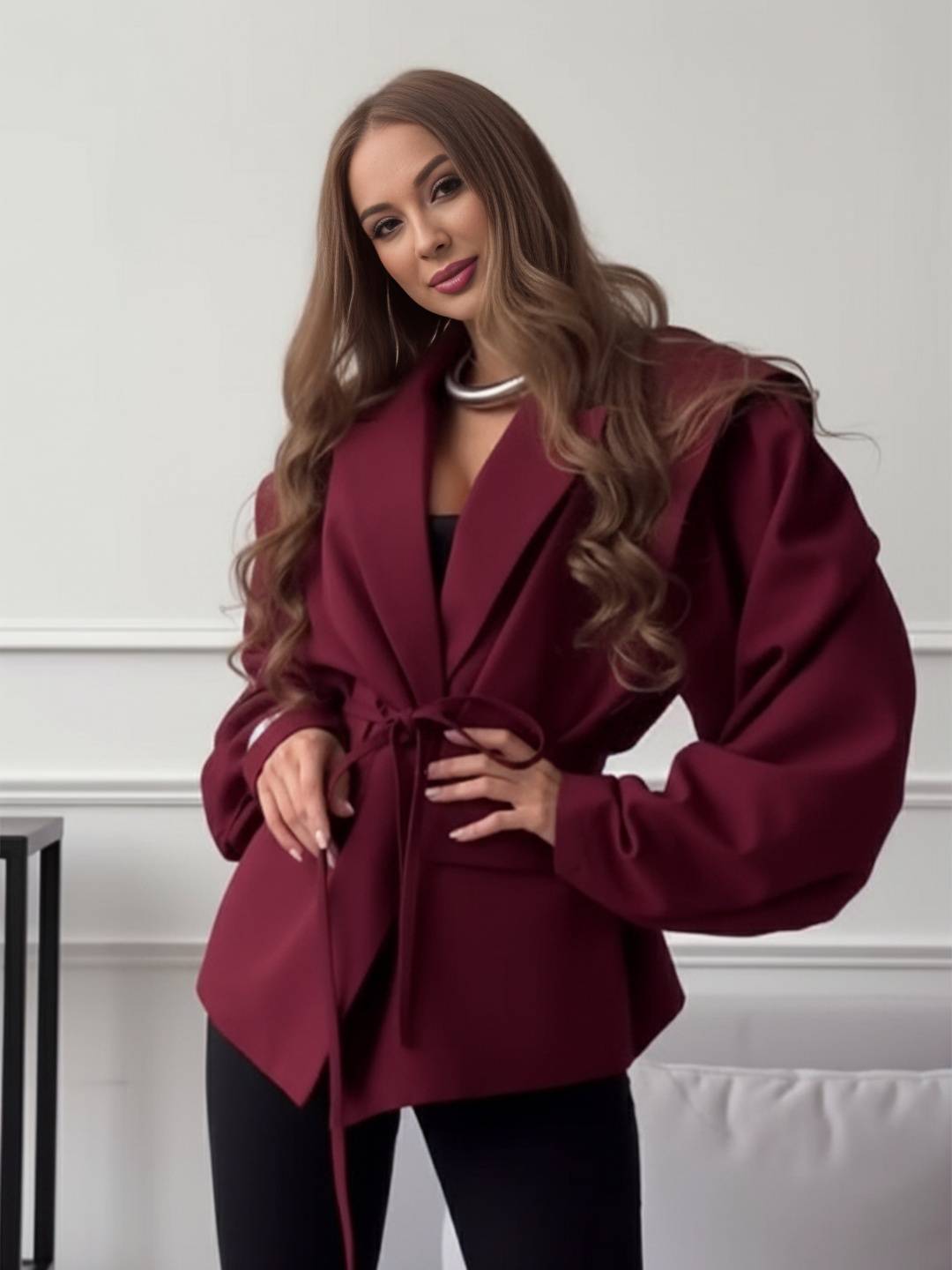 Aurohaya Women's Off-Shoulder Belted Blazer Long Sleeve Chic Office & Cocktail Jacket