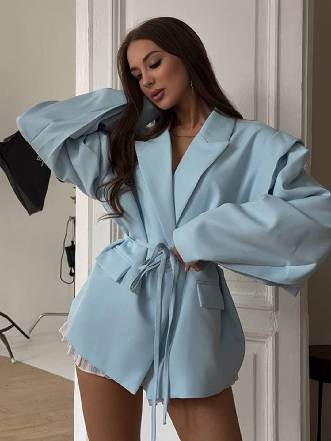 Aurohaya Women's Oversized Solid Color Blazer Belted Lapel Collar Long Sleeve Elegant Jacket