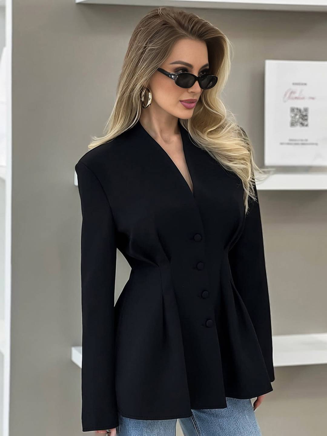 Aurohaya Women's Black Fitted Blazer Buttoned V-Neck Long Sleeve Elegant Office Jacket