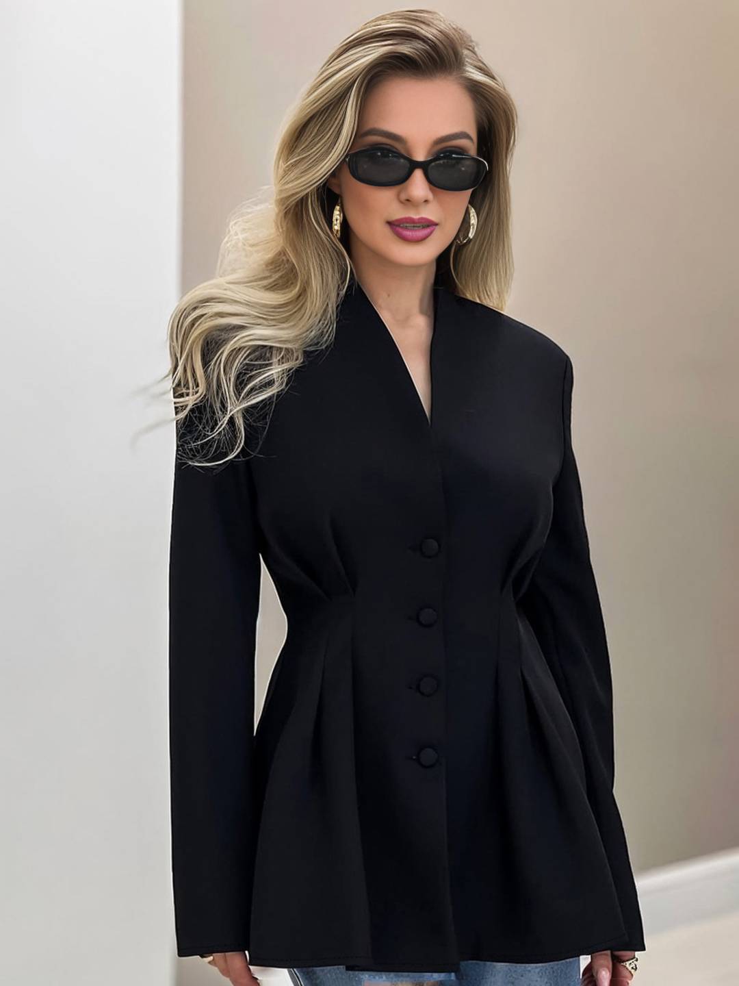 Aurohaya Women's Black Fitted Blazer Buttoned V-Neck Long Sleeve Elegant Office Jacket
