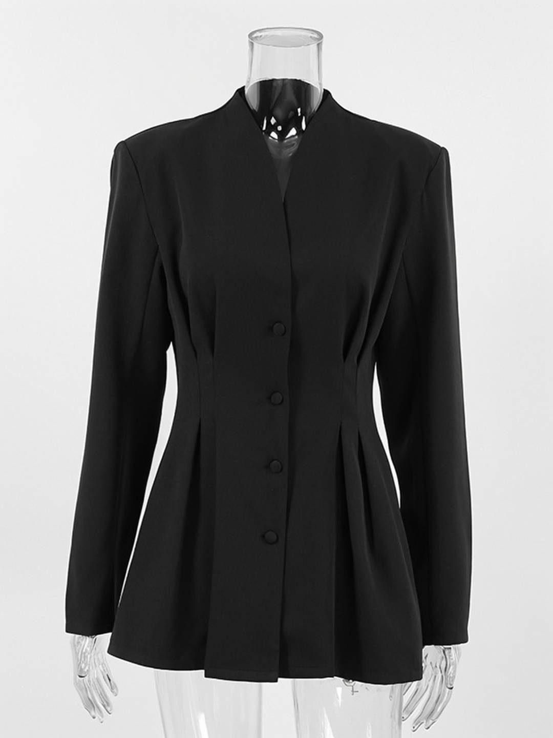 Aurohaya Women's Black Fitted Blazer Buttoned V-Neck Long Sleeve Elegant Office Jacket
