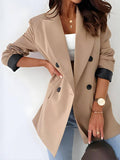 Aurohaya Women's Office Blazer Double-Breasted Pockets Lapel Collar Long Sleeve Elegant Casual Jacket