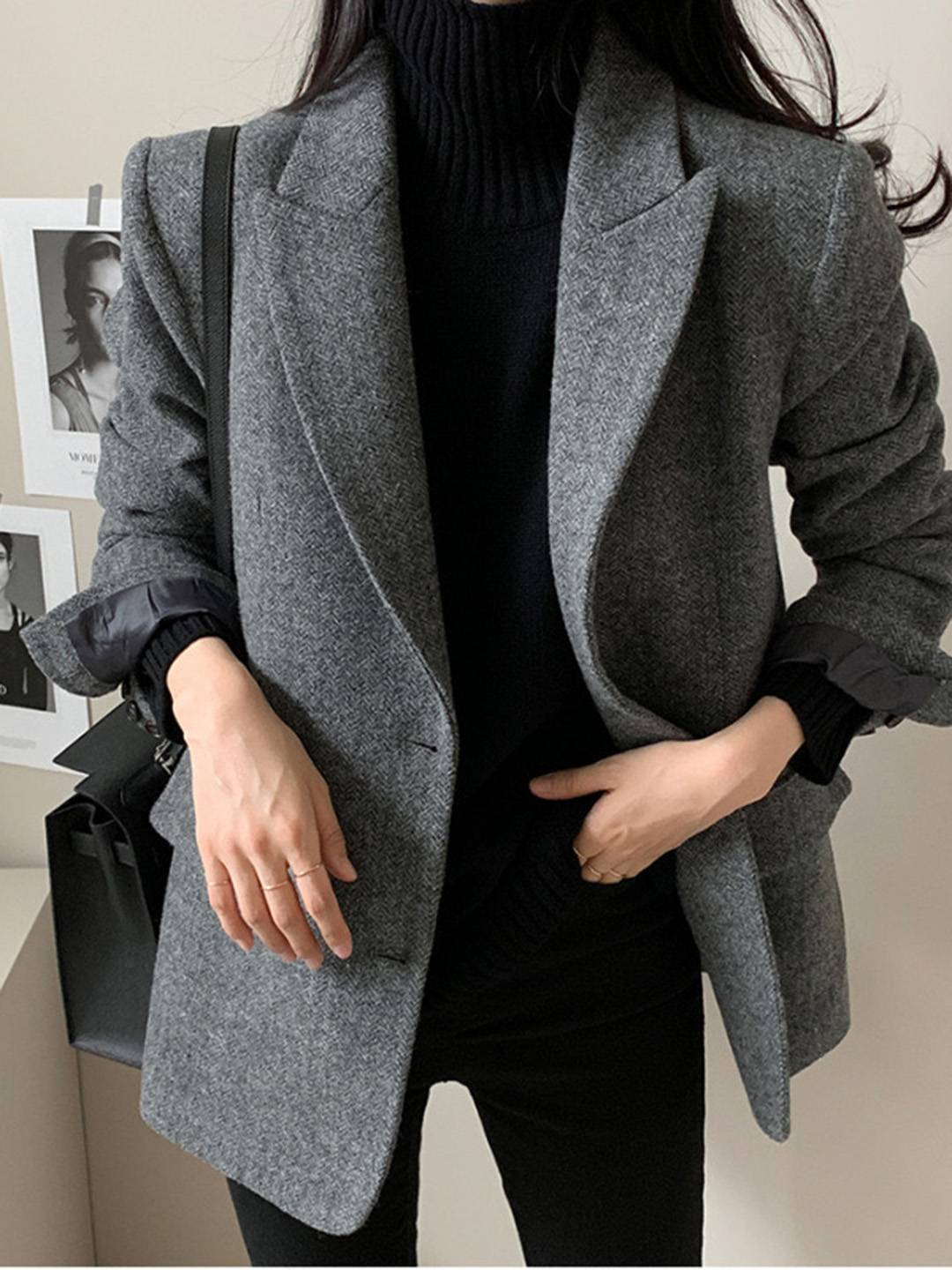 Aurohaya Women's Chevron Wool Blazer with Pockets Oversized Cuffs Chic Casual Office Coat