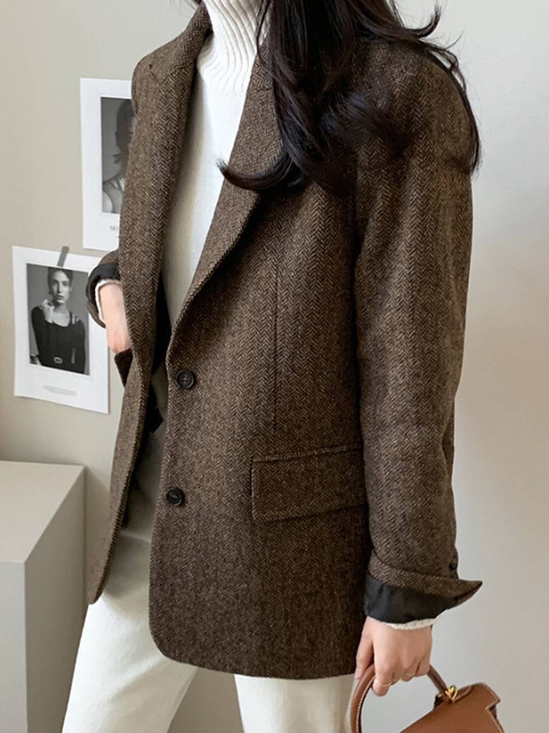 Aurohaya Women's Chevron Wool Blazer with Pockets Oversized Cuffs Chic Casual Office Coat