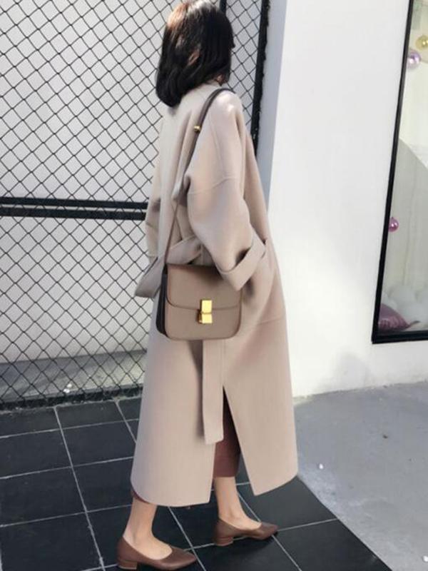 Aurohaya Elegant Long Wool Coat with Side Slit & Belt for Women Chic Fall/Winter Outerwear