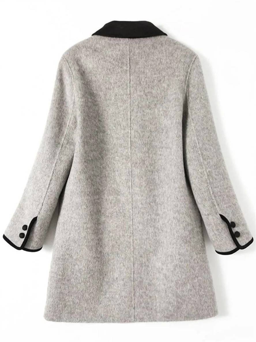 Aurohaya Women's Elegant Mid-Length Caban Jacket Double Breasted, Polo Collar, Long Sleeves