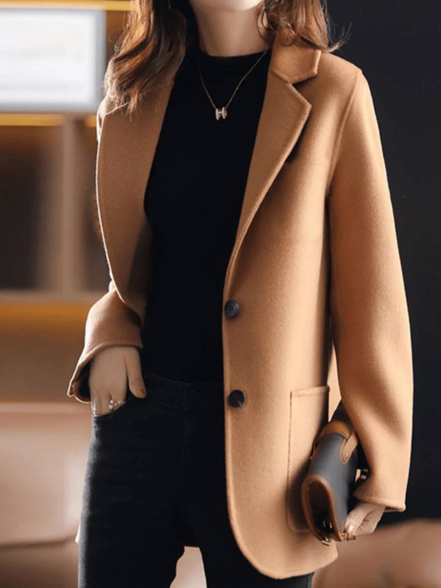 Aurohaya Women's Wool-Look Solid Coat Button-Front Lapel Blazer Jacket with Pockets