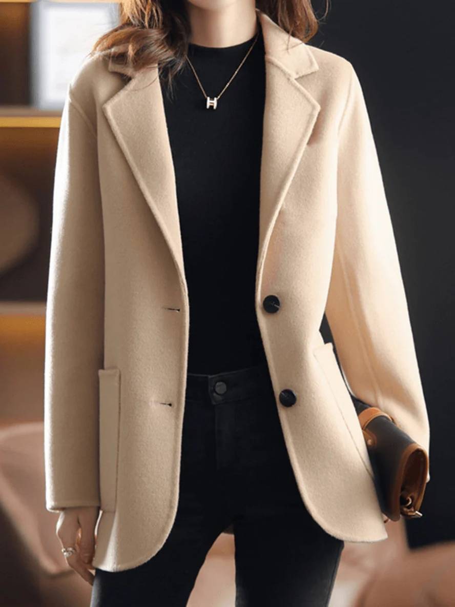 Aurohaya Women's Wool-Look Solid Coat Button-Front Lapel Blazer Jacket with Pockets