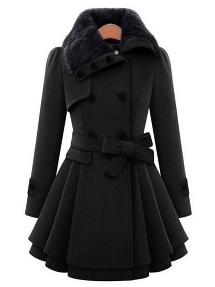 Aurohaya Elegant Double Breasted Faux Fur Collar Midi Coat with Belt for Women Winter Parka