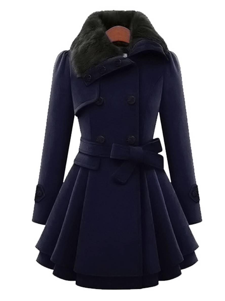 Aurohaya Elegant Double Breasted Faux Fur Collar Midi Coat with Belt for Women Winter Parka