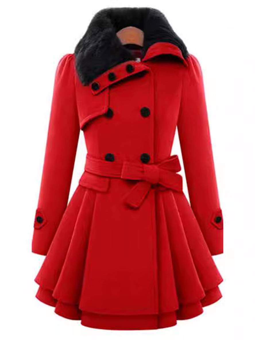 Aurohaya Elegant Double Breasted Faux Fur Collar Midi Coat with Belt for Women Winter Parka