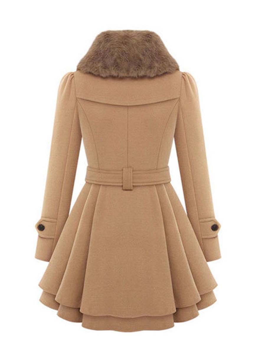 Aurohaya Elegant Double Breasted Faux Fur Collar Midi Coat with Belt for Women Winter Parka