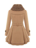 Aurohaya Elegant Double Breasted Faux Fur Collar Midi Coat with Belt for Women Winter Parka
