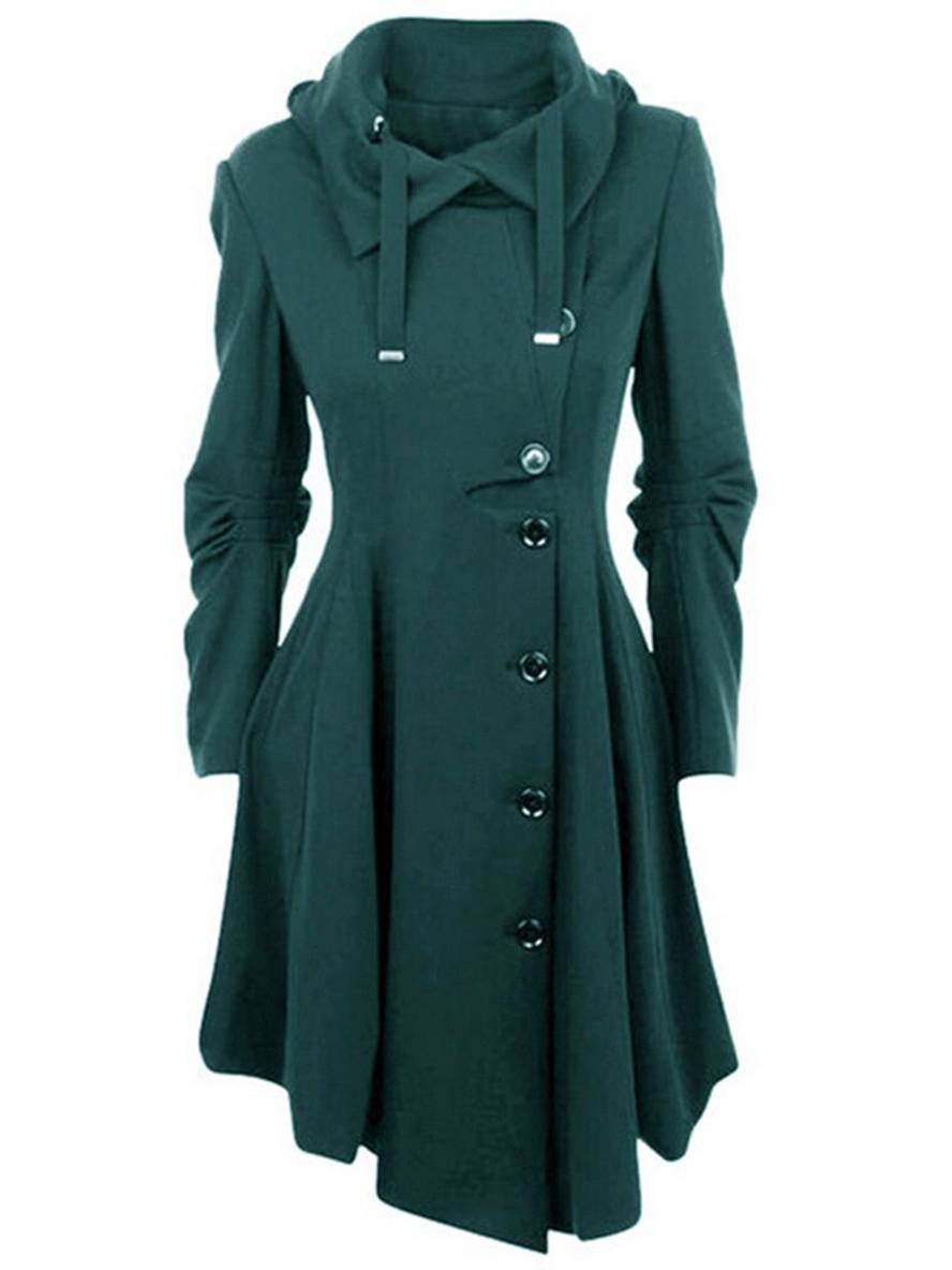 Aurohaya Hooded Wool-Look Midi Coat Elegant Button-Front Women’s Winter Jacket Plus Size