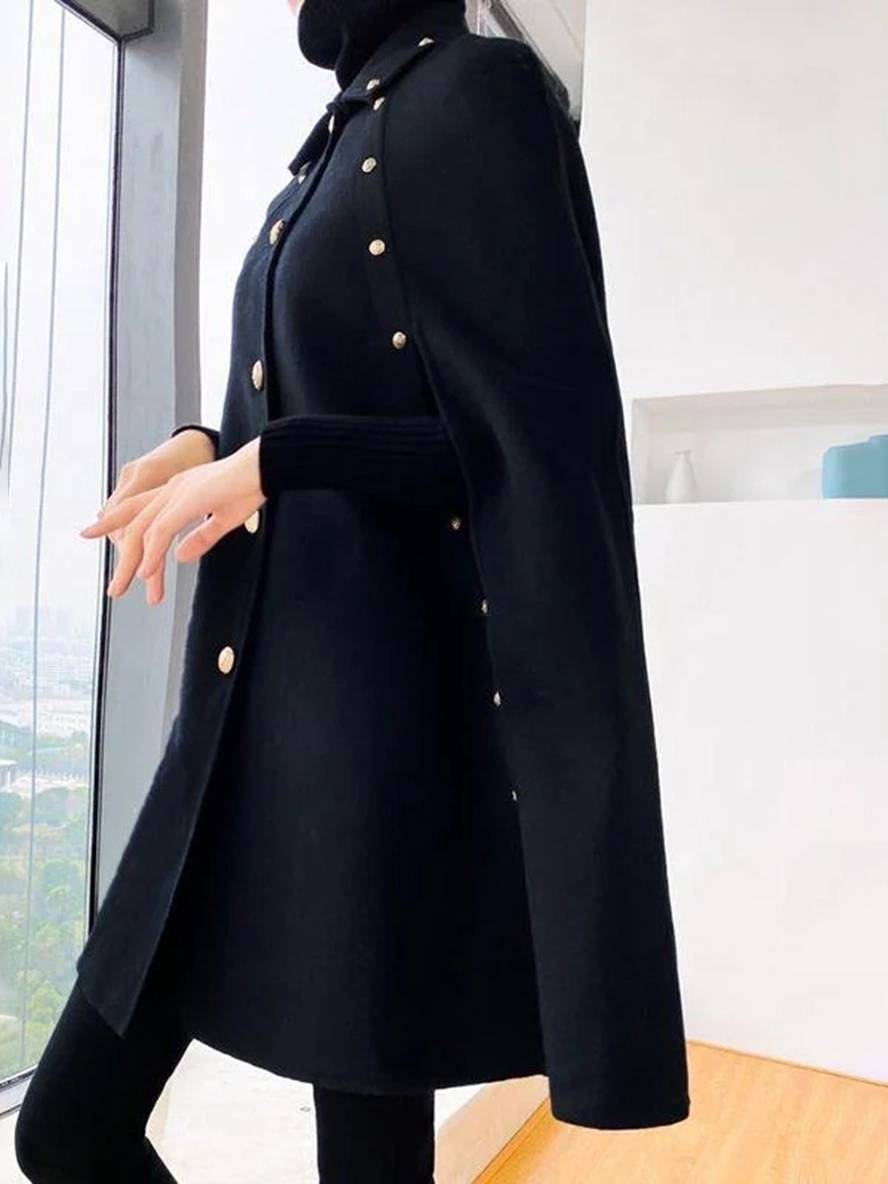Aurohaya Wool Cape with Studded Details, Shirt Collar, Long Sleeves Elegant Vintage Women's Coat, Black