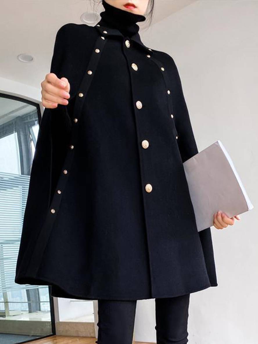 Aurohaya Wool Cape with Studded Details, Shirt Collar, Long Sleeves Elegant Vintage Women's Coat, Black