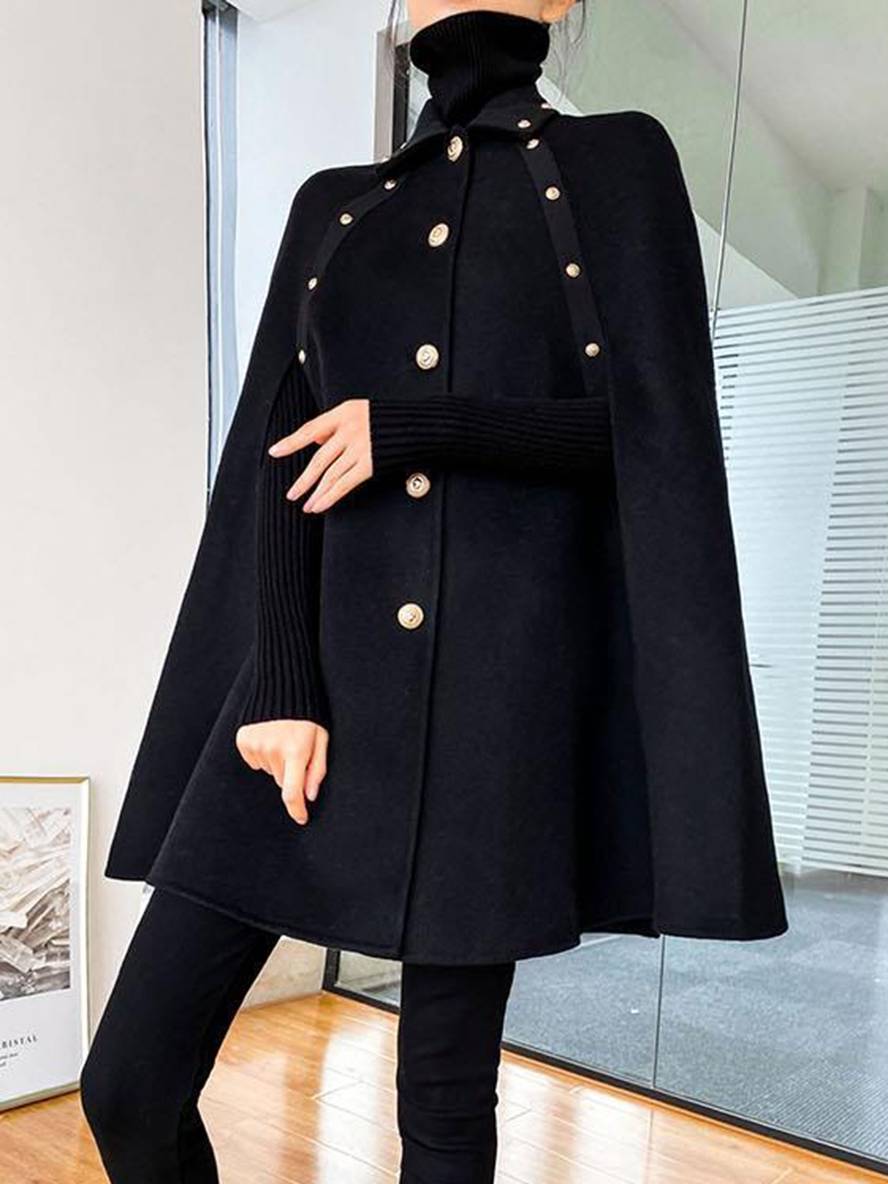 Aurohaya Wool Cape with Studded Details, Shirt Collar, Long Sleeves Elegant Vintage Women's Coat, Black