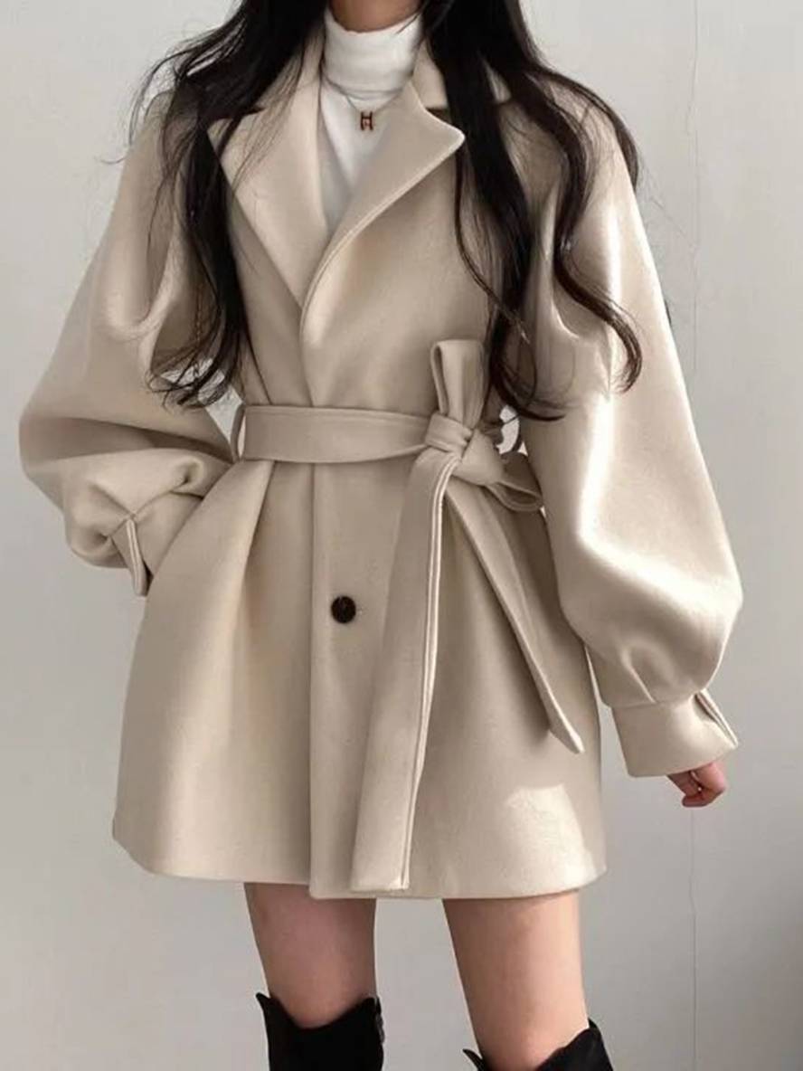 Aurohaya Elegant Wool Coat with Puff Sleeves, Belt, and Pockets for Women Winter & Fall Oversized Jacket