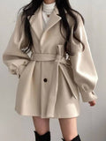 Aurohaya Elegant Wool Coat with Puff Sleeves, Belt, and Pockets for Women Winter & Fall Oversized Jacket