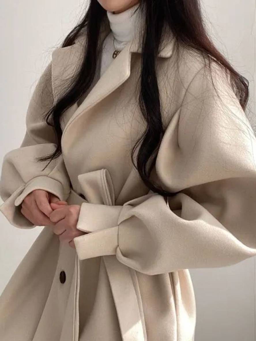 Aurohaya Elegant Wool Coat with Puff Sleeves, Belt, and Pockets for Women Winter & Fall Oversized Jacket