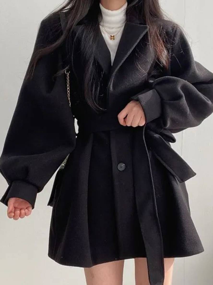 Aurohaya Elegant Wool Coat with Puff Sleeves, Belt, and Pockets for Women Winter & Fall Oversized Jacket