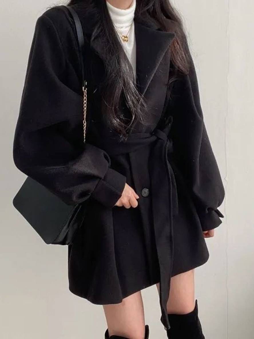 Aurohaya Elegant Wool Coat with Puff Sleeves, Belt, and Pockets for Women Winter & Fall Oversized Jacket