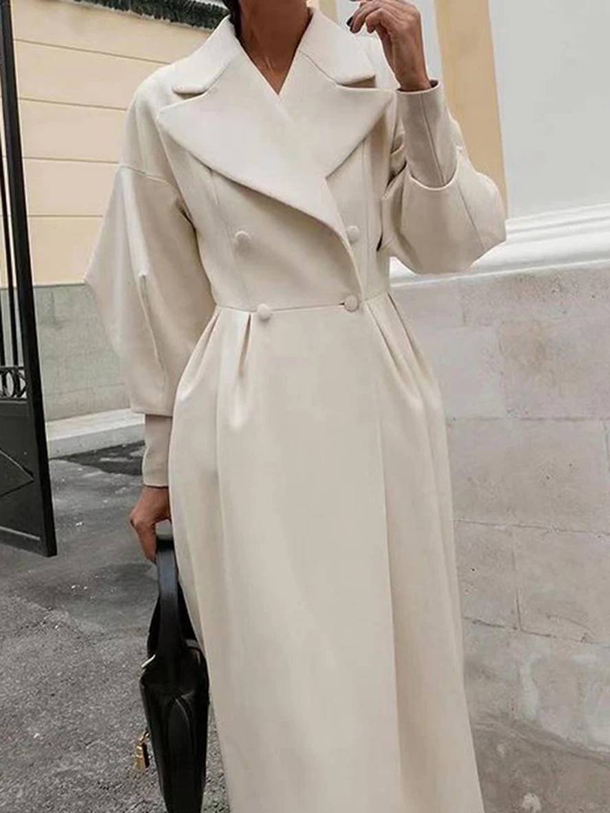 Aurohaya Elegant Audrey Hepburn Style Long Wool Coat with Double Breasted V Cut Collar for Women Vintage Fashion Winter Jacket