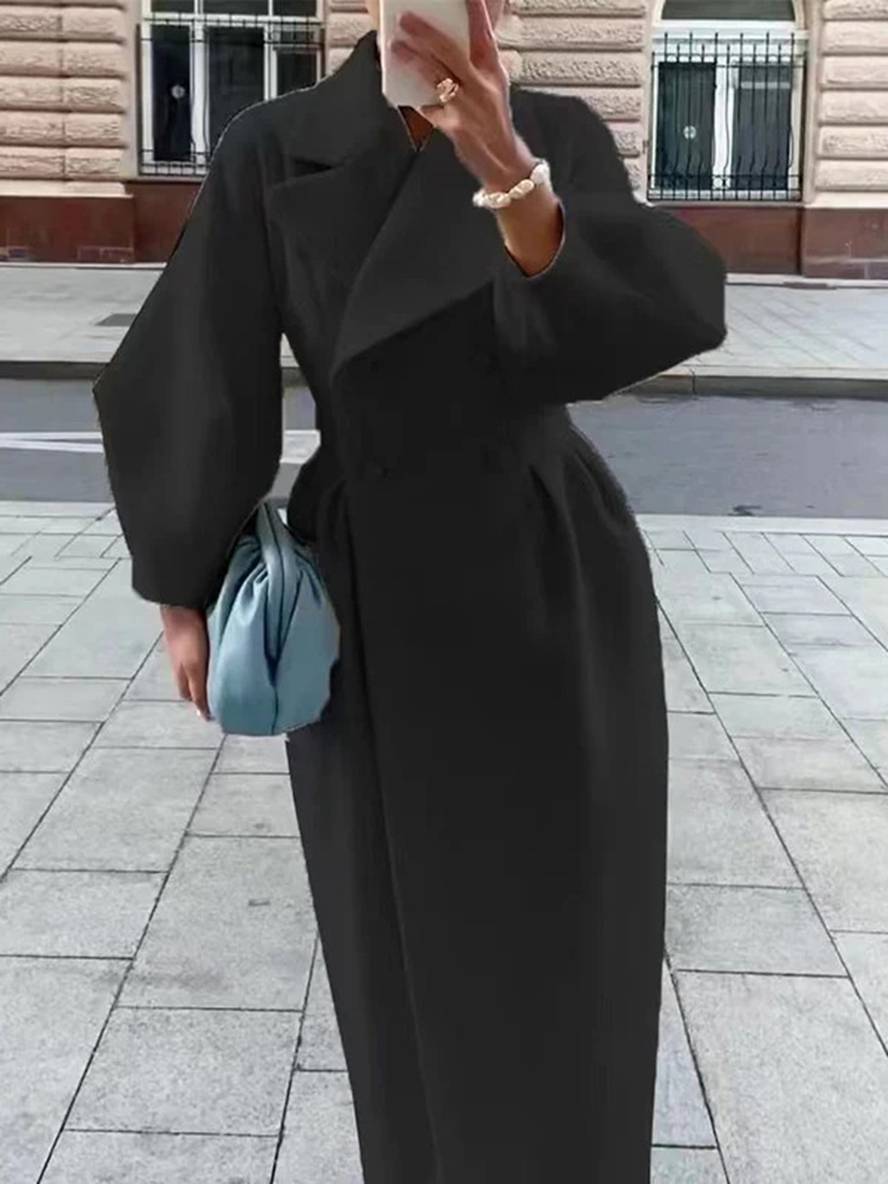 Aurohaya Elegant Audrey Hepburn Style Long Wool Coat with Double Breasted V Cut Collar for Women Vintage Fashion Winter Jacket