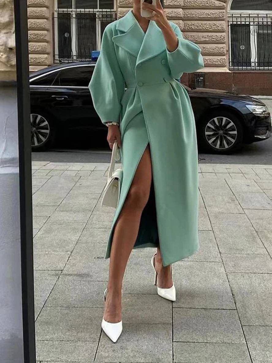Aurohaya Elegant Audrey Hepburn Style Long Wool Coat with Double Breasted V Cut Collar for Women Vintage Fashion Winter Jacket