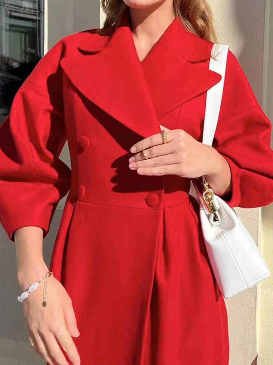 Aurohaya Elegant Audrey Hepburn Style Long Wool Coat with Double Breasted V Cut Collar for Women Vintage Fashion Winter Jacket