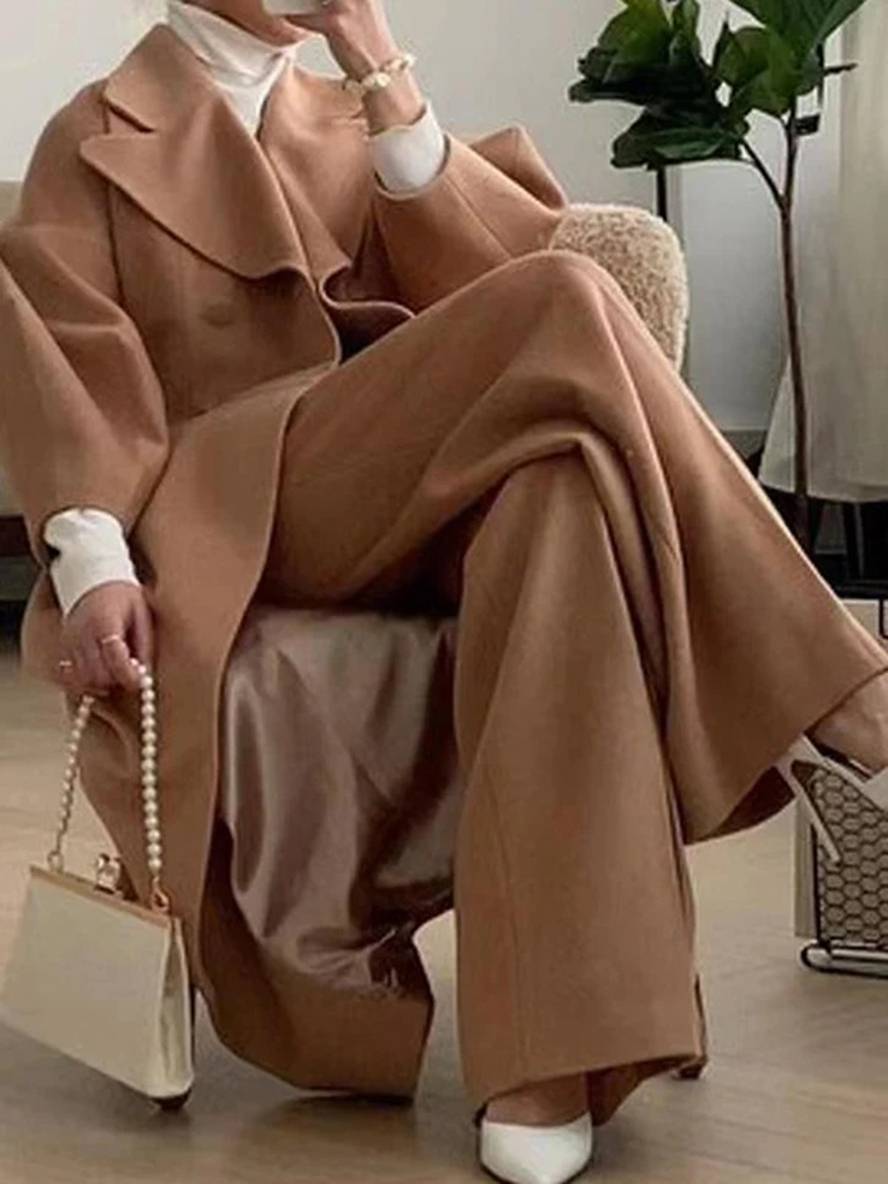 Aurohaya Elegant Audrey Hepburn Style Long Wool Coat with Double Breasted V Cut Collar for Women Vintage Fashion Winter Jacket
