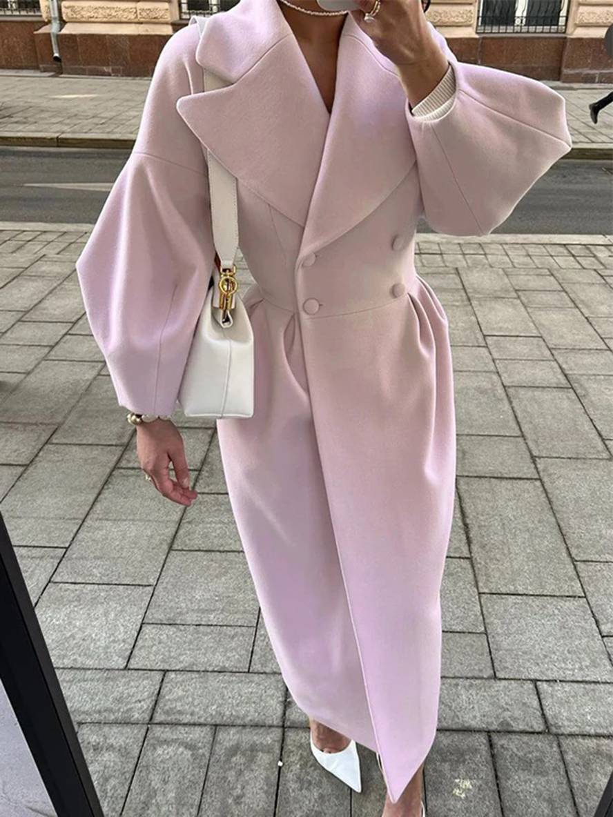Aurohaya Elegant Audrey Hepburn Style Long Wool Coat with Double Breasted V Cut Collar for Women Vintage Fashion Winter Jacket