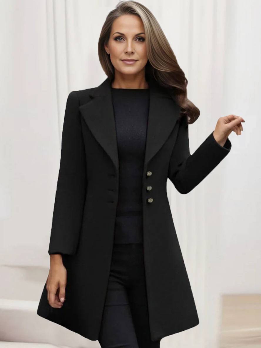 Aurohaya Women’s Mid Length Wool Coat with V Cut Notched Collar Elegant Winter Jacket