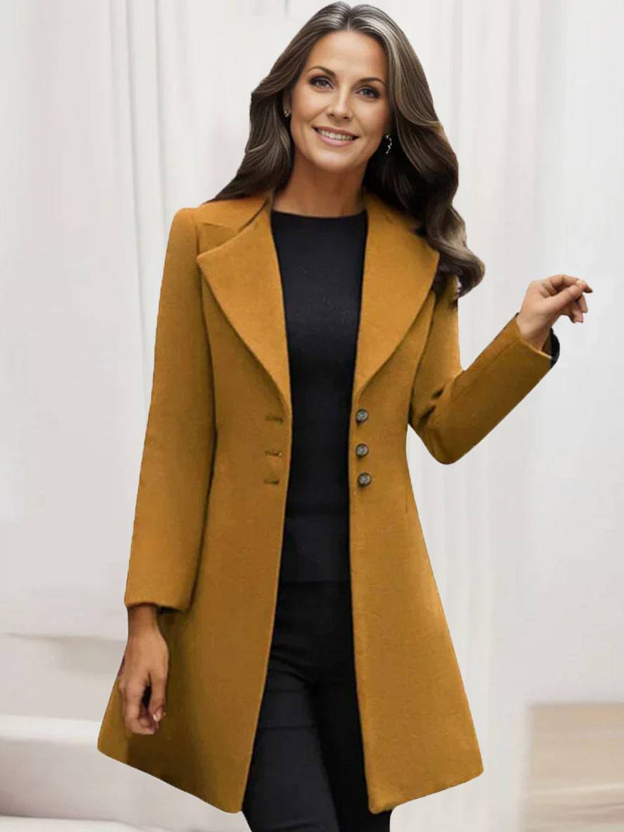 Aurohaya Women’s Mid Length Wool Coat with V Cut Notched Collar Elegant Winter Jacket